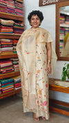 Cream Tussar Silk Suit with Cross Stitch Embroidery - 9410