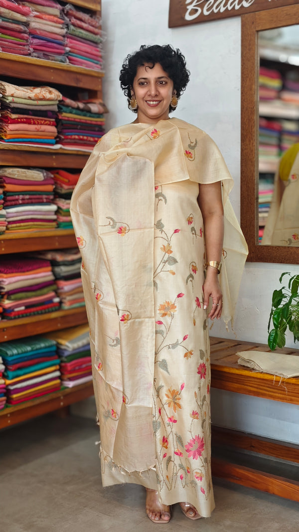 Cream Tussar Silk Suit with Cross Stitch Embroidery - 9410