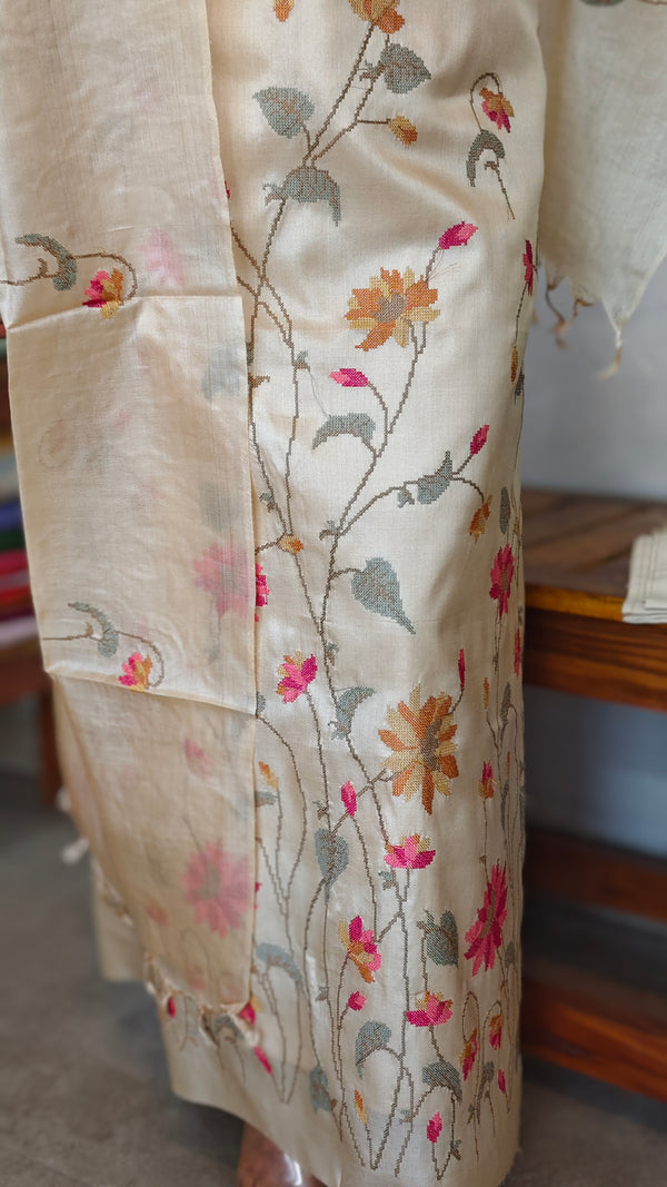Cream Tussar Silk Suit with Cross Stitch Embroidery - 9410