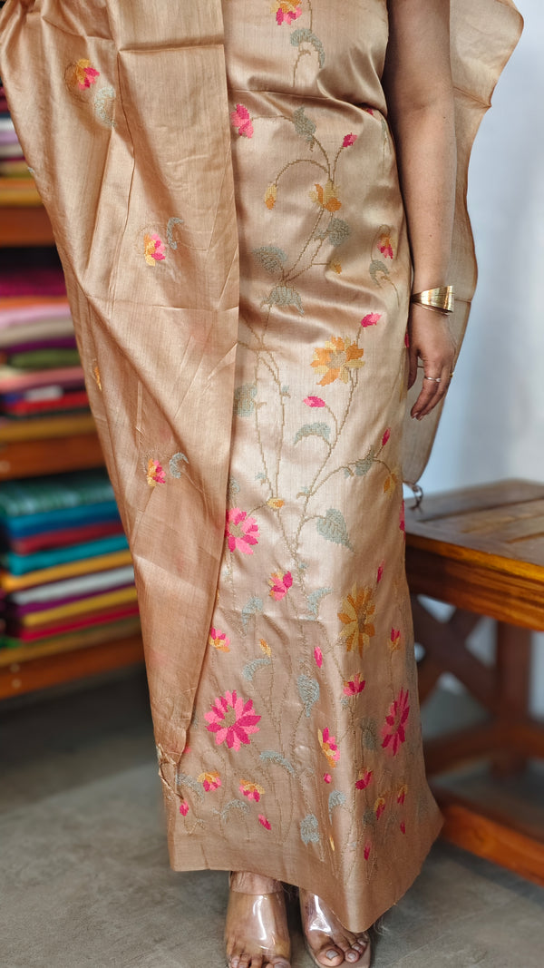 Golden Beige Tussar Silk Suit with Cross Stitch Embroidery - 9410