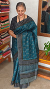 Blue Block Printed Lined Noil Tussar Silk Saree - TQN2