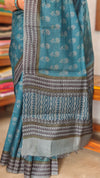 Blue Block Printed Lined Noil Tussar Silk Saree - TQN2