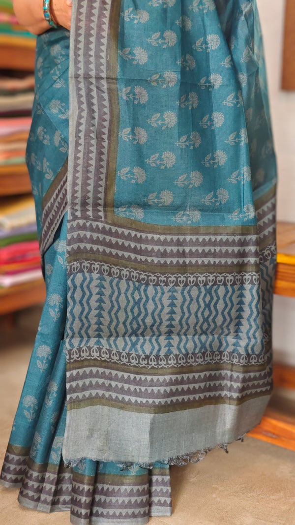 Blue Block Printed Lined Noil Tussar Silk Saree - TQN2