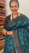 Blue Block Printed Lined Noil Tussar Silk Saree - TQN2