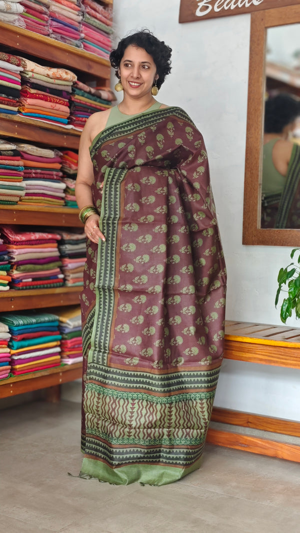 Coffee Brown Block Printed Noil Tussar Silk Saree - TQN2
