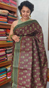 Coffee Brown Block Printed Noil Tussar Silk Saree - TQN2