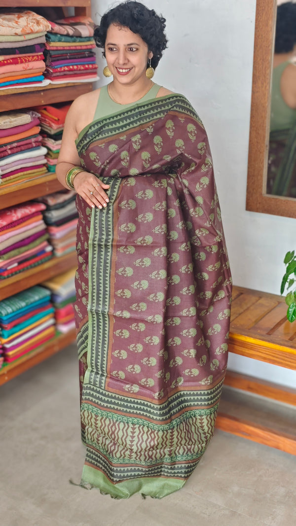 Coffee Brown Block Printed Noil Tussar Silk Saree - TQN2