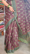 Coffee Brown Block Printed Noil Tussar Silk Saree - TQN2