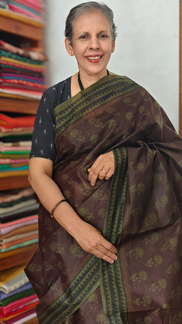 Mocha Brown Block Printed Lined Noil Tussar Silk Saree - TQN2