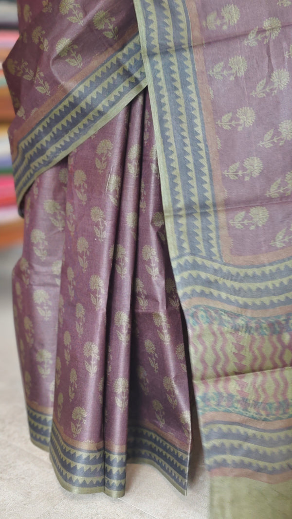 Mocha Brown Block Printed Lined Noil Tussar Silk Saree - TQN2