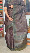 Mocha Brown Block Printed Lined Noil Tussar Silk Saree - TQN2