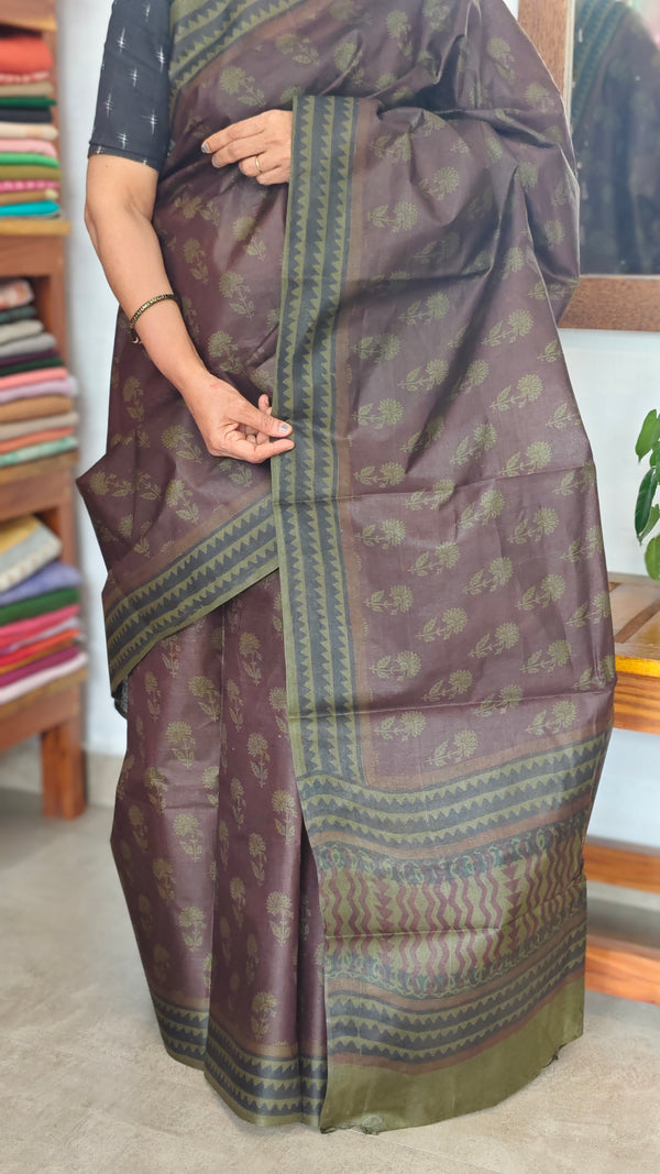 Mocha Brown Block Printed Lined Noil Tussar Silk Saree - TQN2