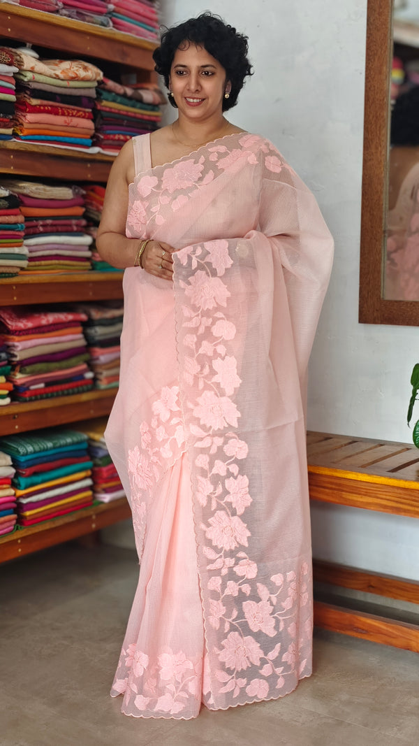 Peach Net Kota Saree with Applique Work - EP25
