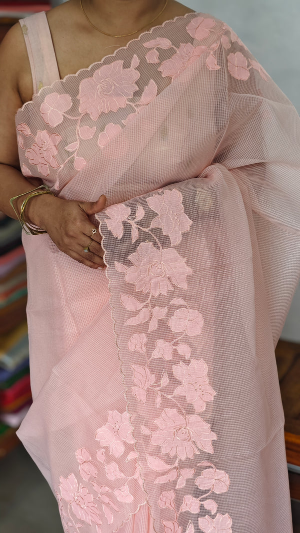 Peach Net Kota Saree with Applique Work - EP25