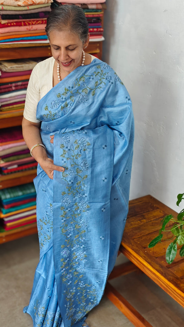 Maya Blue Tussar Silk Saree with Cross Stitch Embroidery - BCA45