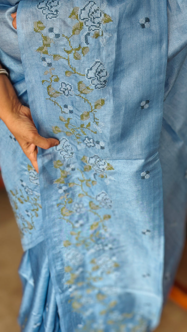 Maya Blue Tussar Silk Saree with Cross Stitch Embroidery - BCA45