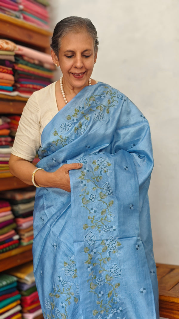 Maya Blue Tussar Silk Saree with Cross Stitch Embroidery - BCA45