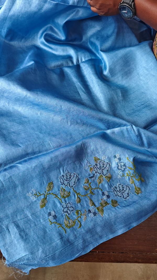 Maya Blue Tussar Silk Saree with Cross Stitch Embroidery - BCA45
