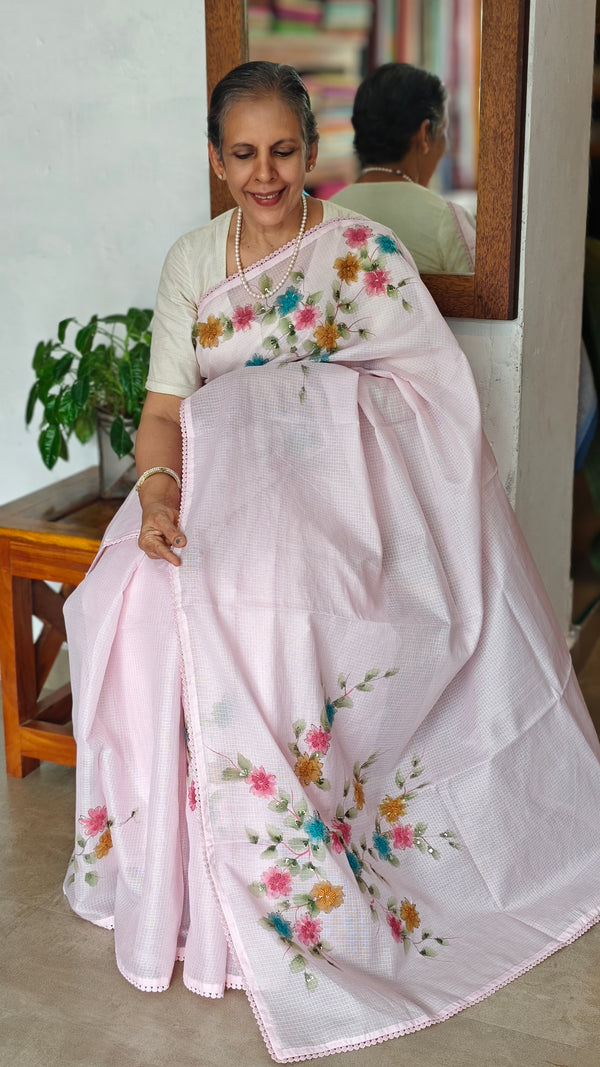 Pastel Pink Painted Kota Saree