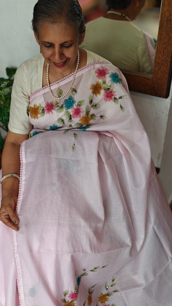 Pastel Pink Painted Kota Saree
