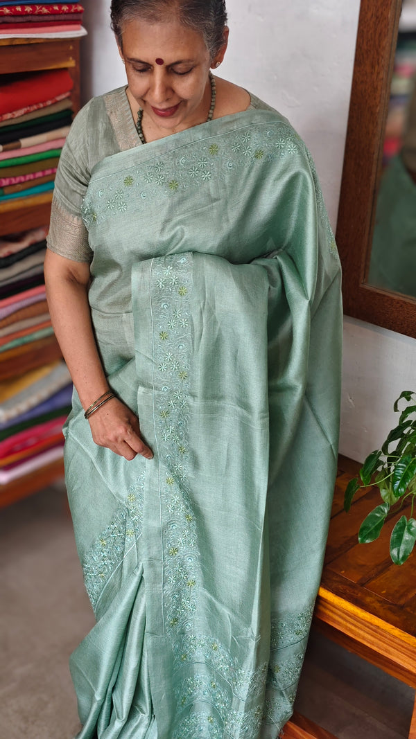 Sea Green embroidered Tussar Silk Saree