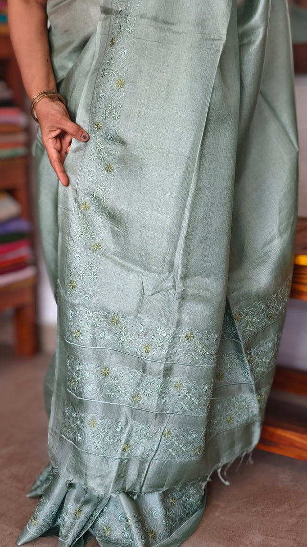 Sea Green embroidered Tussar Silk Saree