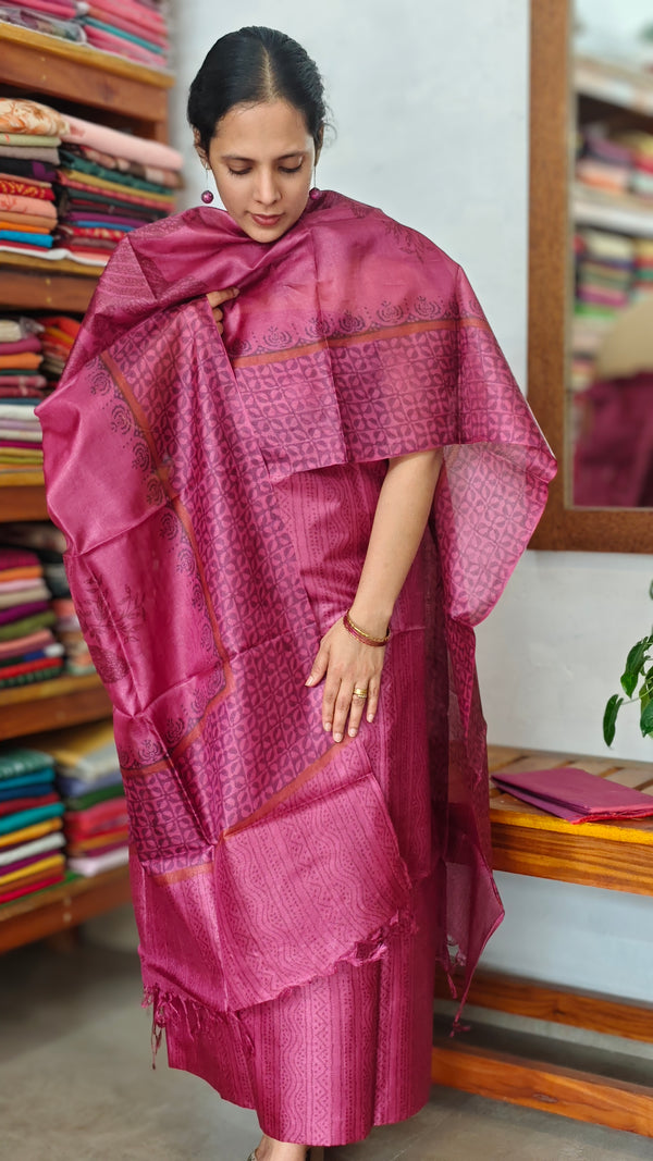 Hot Pink Printed Tussar Silk Suit - PTS25