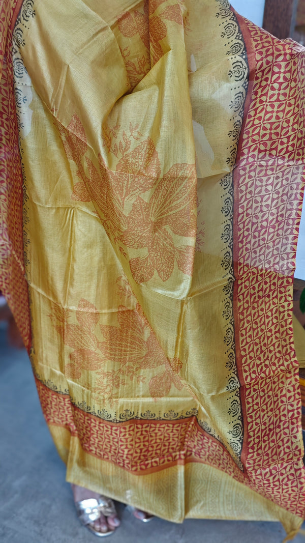 Mustard Printed Tussar Silk Suit - PTS25