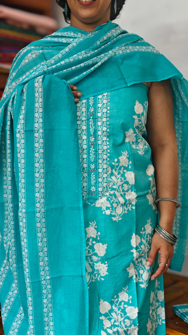 Firozi Blue Cotton Printed Suit