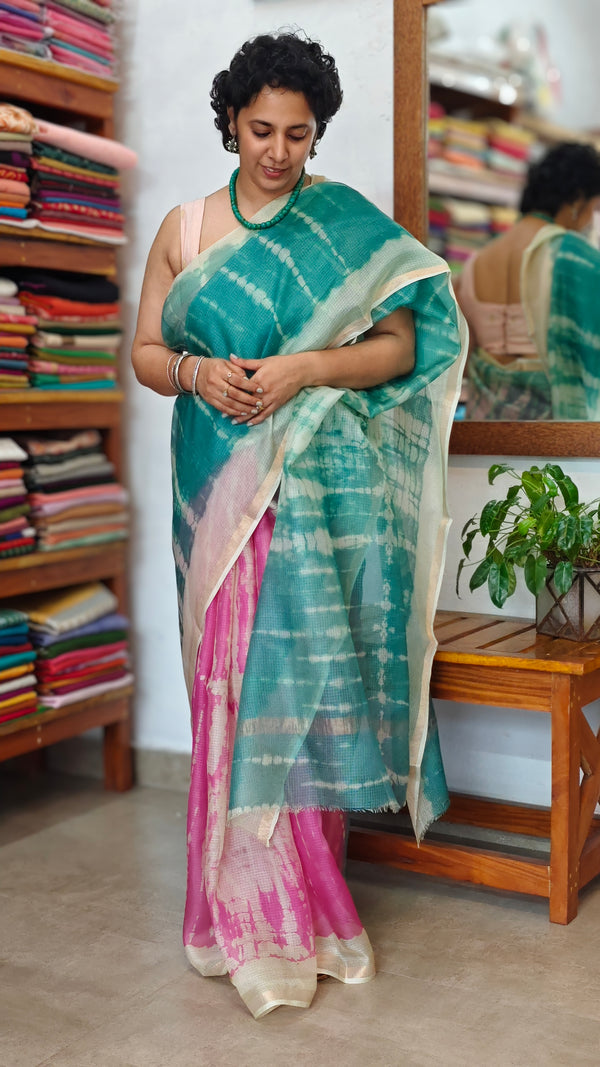 Pink and Teal Shibori Printed Kota Silk Saree - KTS3