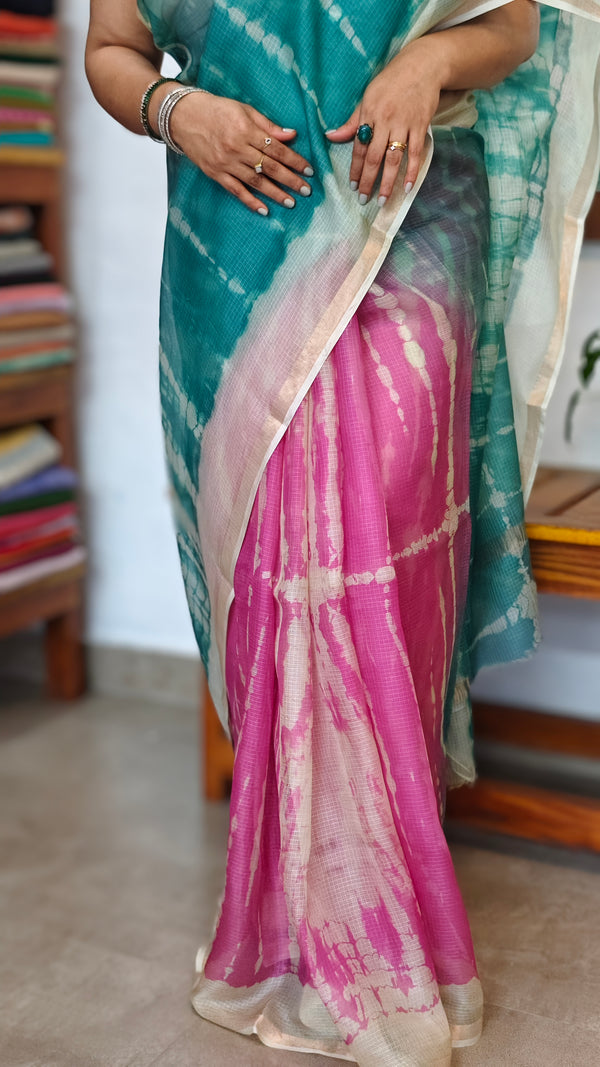 Pink and Teal Shibori Printed Kota Silk Saree - KTS3
