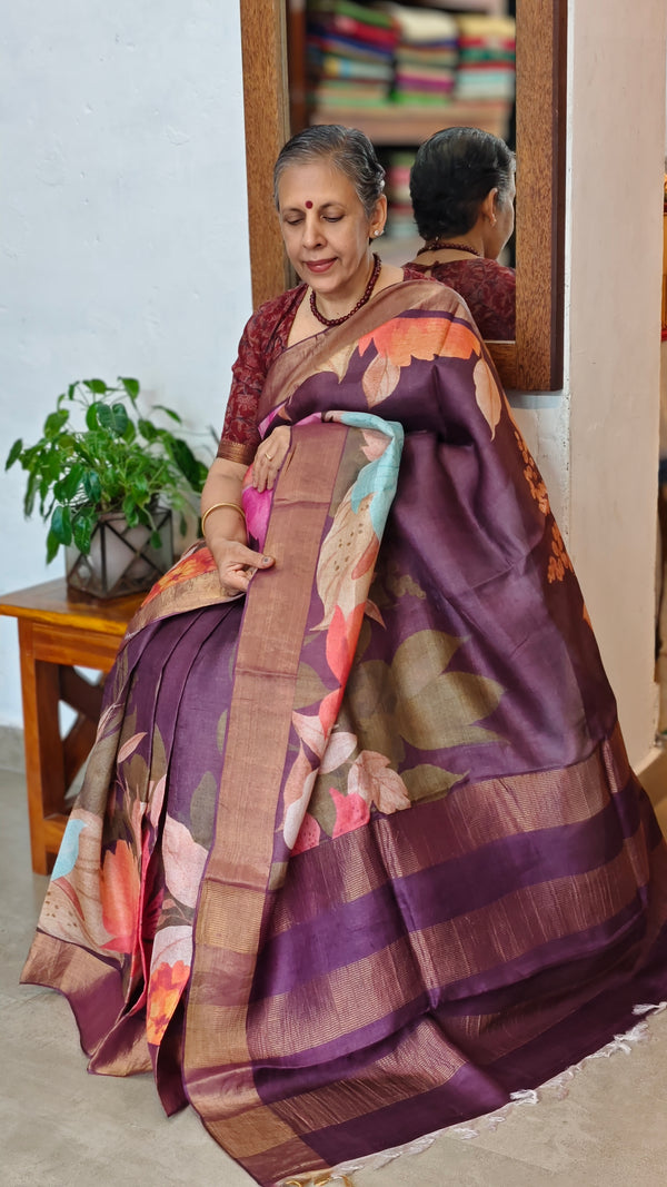 Wine Shade Floral Printed Tussar Silk saree