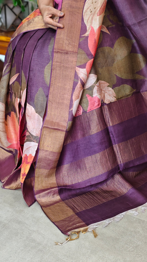 Wine Shade Floral Printed Tussar Silk saree