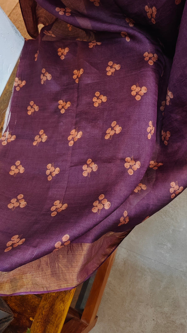 Wine Shade Floral Printed Tussar Silk saree