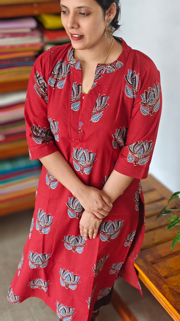 Dark Red Printed Cotton Kurti