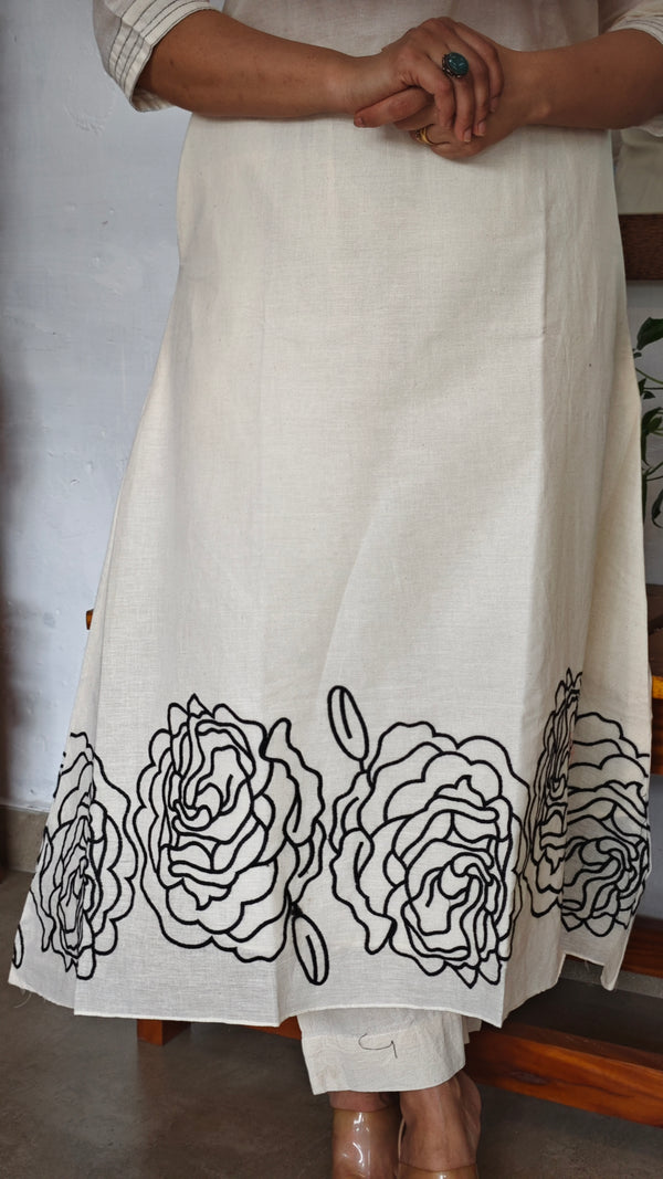 Off White and black cotton A-line Kurti