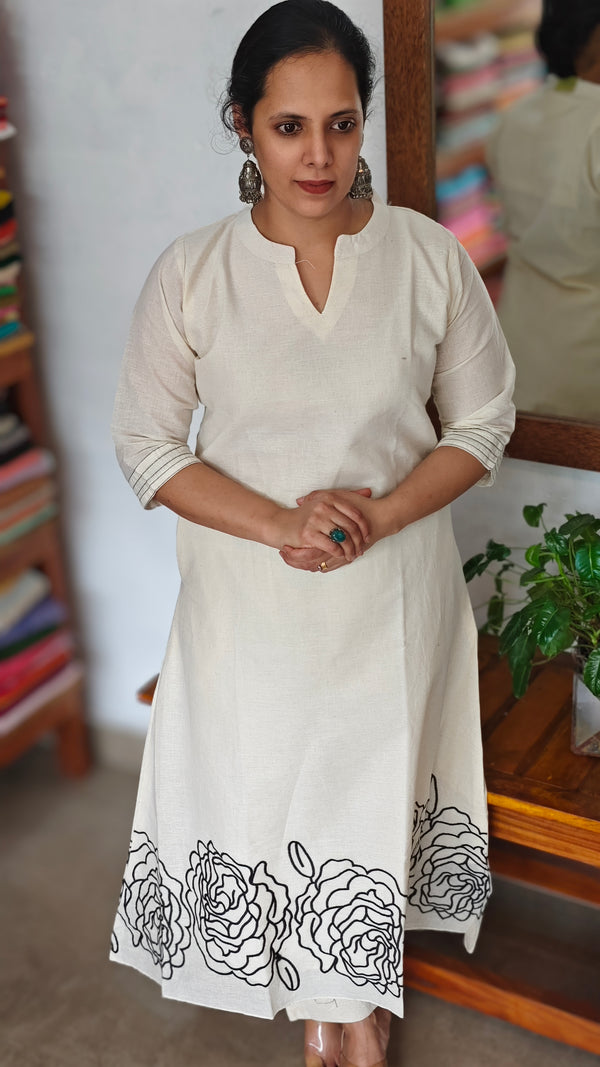 Off White and black cotton A-line Kurti