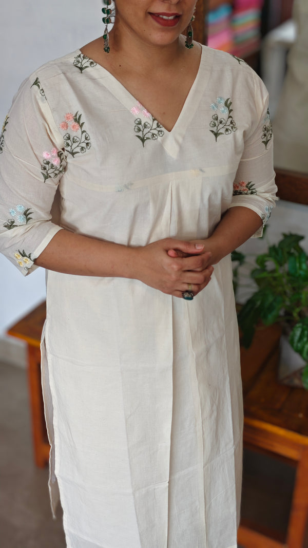 Off White Cotton Pleated Kurti