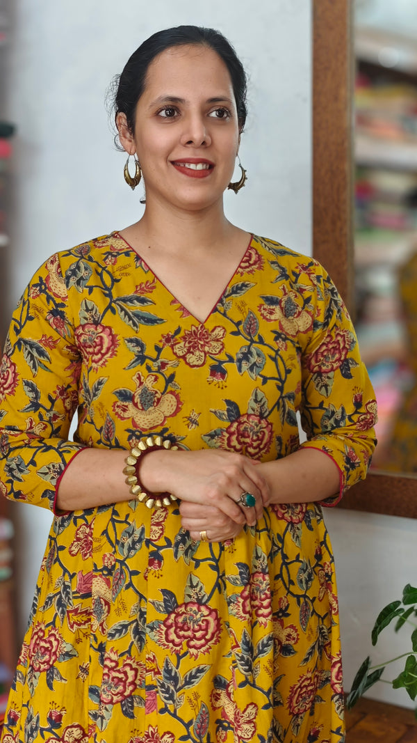 Mustard Floral Printed Anarkali Dress