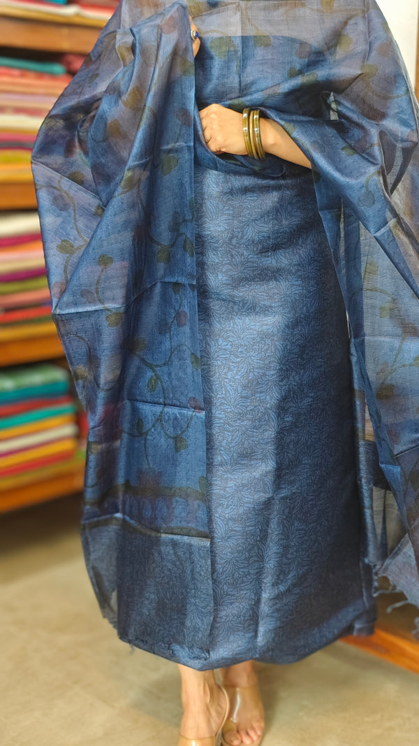Navy Blue Printed Tussar Silk Suit - PTS25