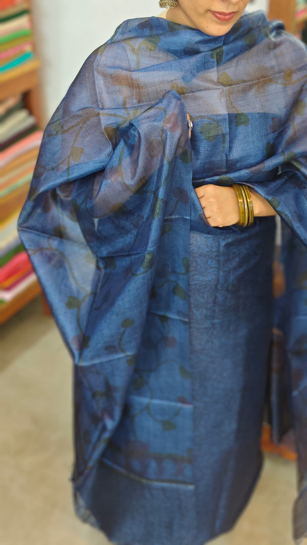 Navy Blue Printed Tussar Silk Suit - PTS25