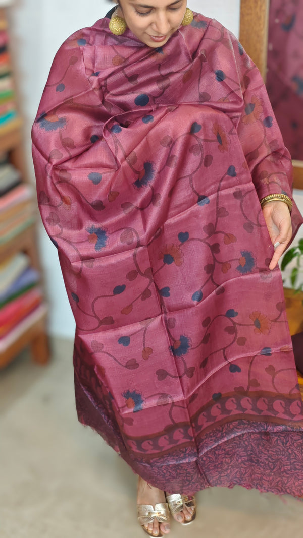 Dark Mauve Printed Tussar Silk Suit - PTS25