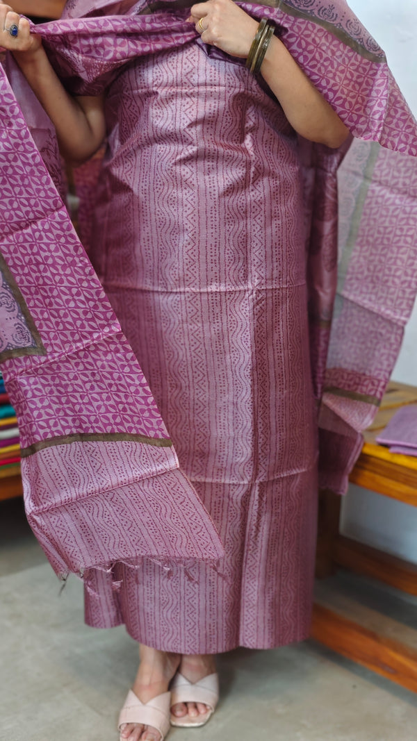 Onion Pink Printed Tussar Silk Suit - PTS25
