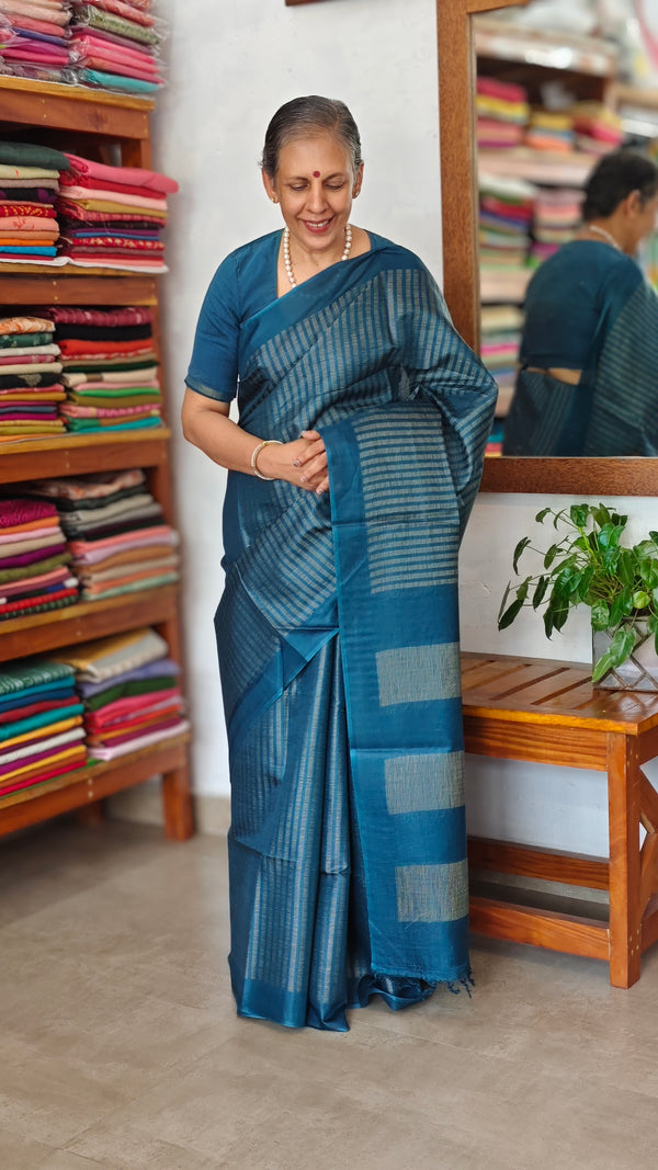 Classic Blue Semi Tussar Silk Saree - TF51