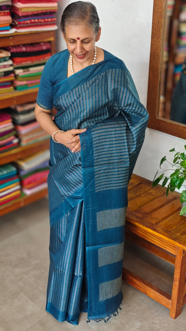 Classic Blue Semi Tussar Silk Saree - TF51