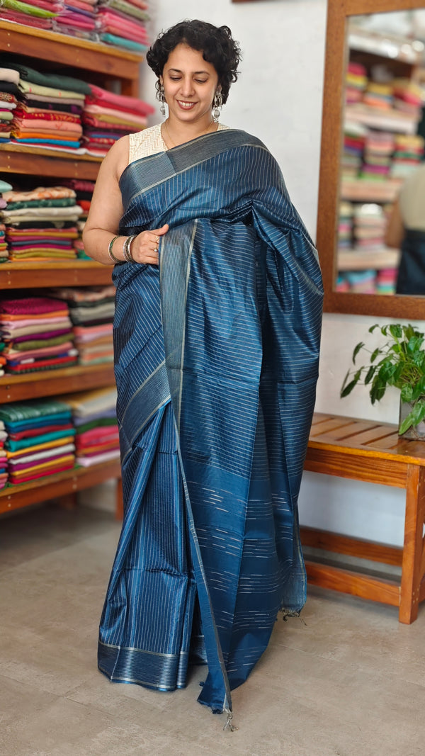 Classic Blue Semi Tussar Silk Saree - TF51 - 3