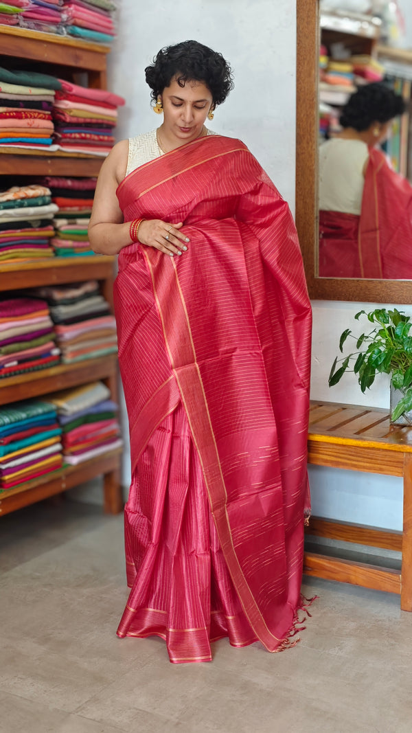 Red Semi Tussar Silk Saree - TF51
