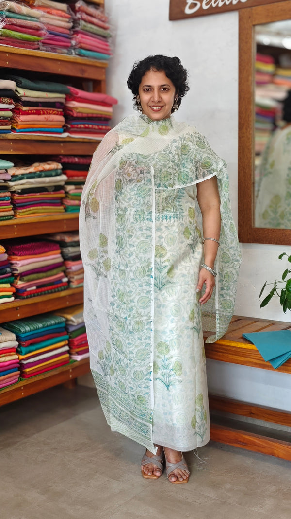 Off White Block Printed Cotton Suit with Kota Doria Dupatta