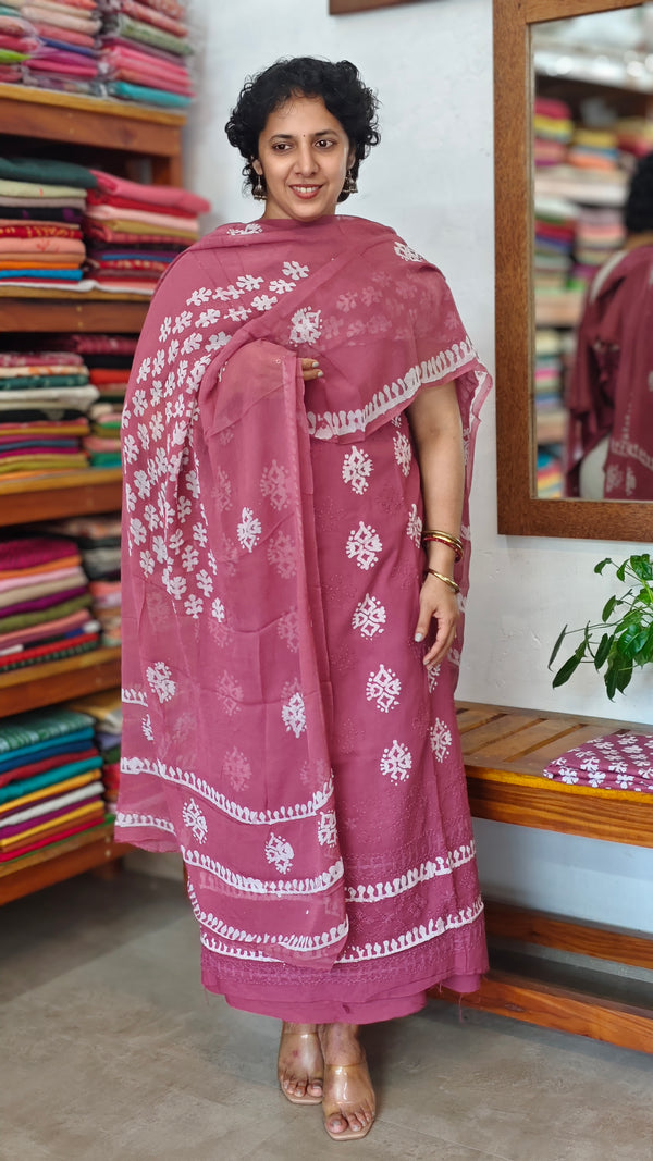 Mauve Block printed cotton suit
