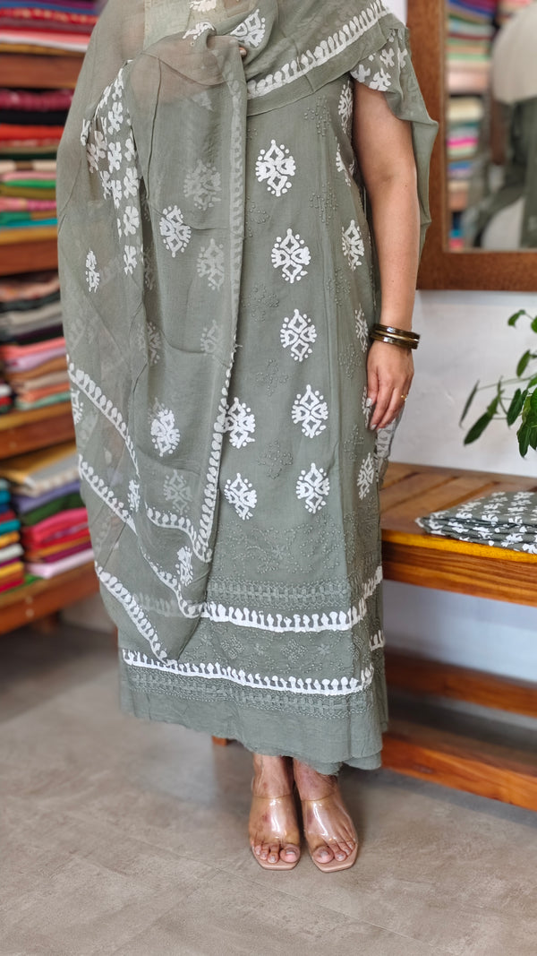 Slate Green Block Printed Cotton Suit